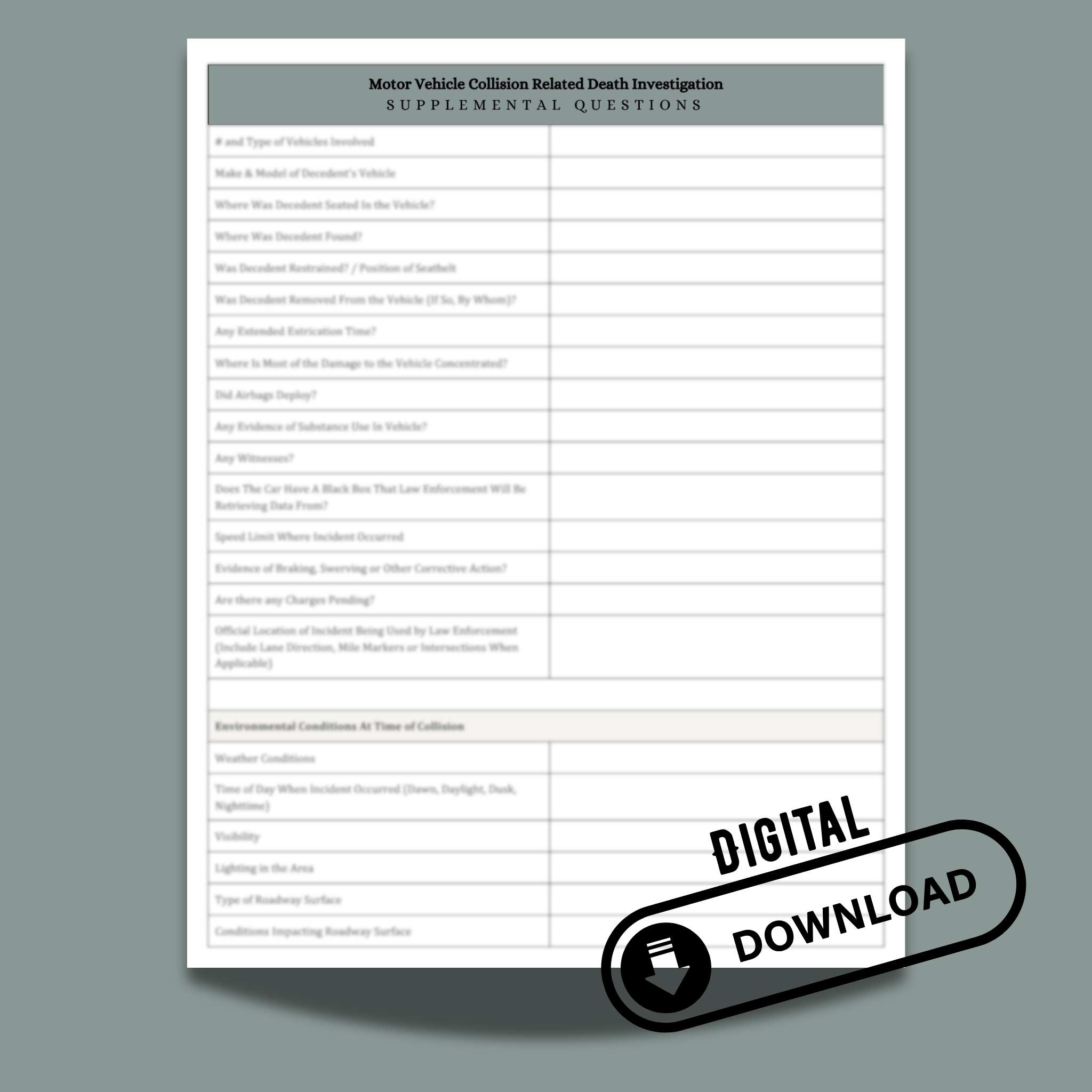 Motor Vehicle Fatality Investigative Questionnaire
