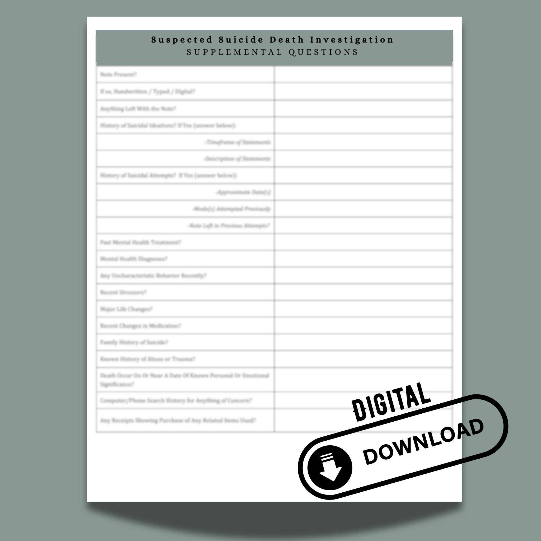 Suspected Suicide Investigative Questionnaire